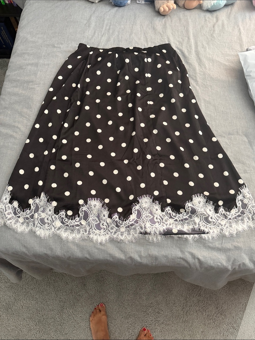 Polka Dot Black and White Midi Dress with Lace Trim - Picture 2 of 3